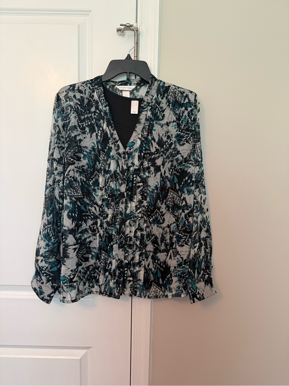 Christopher & Banks Teal and Black Abstract Print V-Neck Blouse